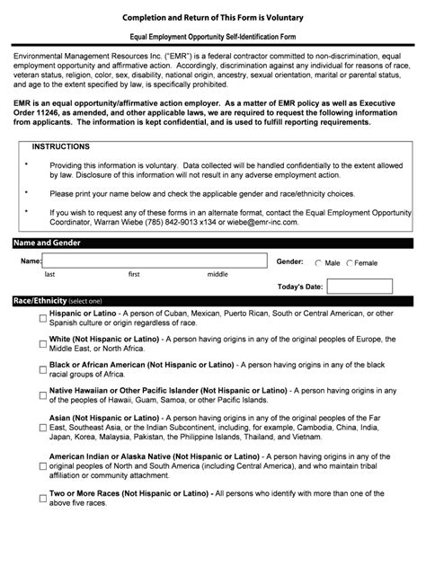 Fillable Online EEO Self Identification Form EMR Inc Fax Email