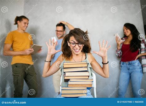 Ready To Study Hard Happy Nerd Woman In Library Book Lover Stock