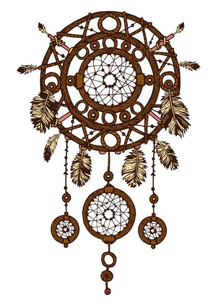 Hand Drawn Moon Mandala Dreamcatcher With Feathers Ethnic Illustration