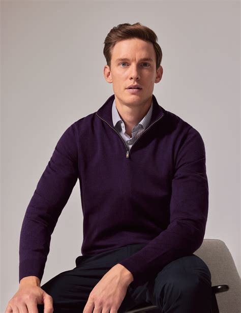 Men S Dark Purple Half Zip Merino Jumper Machine Washable Hawes