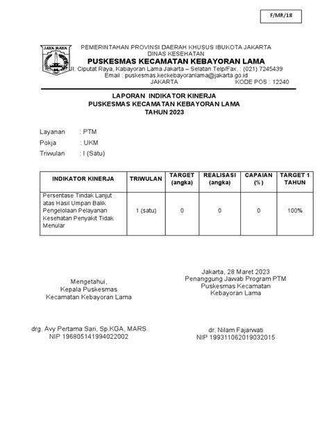 Laporan Indikator Kinerja Puskesmas Kecamatan Kebayoran Lama Tahun 2023 Pdf