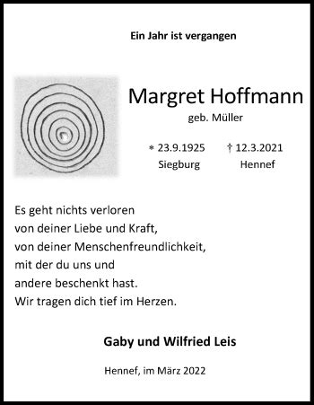 Traueranzeigen Von Margret Hoffmann Wirtrauern