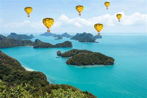 Colorful Hot Air Balloons Flying Over The Sea Stock Photo Image Of Coast Acadia