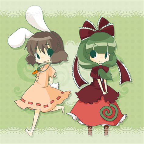 Safebooru Arms Behind Arms Behind Back Barefoot Brown Hair Bunny Ears Chibi Dress Front