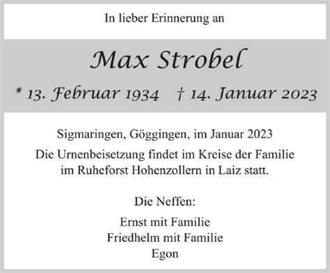 Traueranzeigen Von Max Strobel Schwaebische De Trauerportal