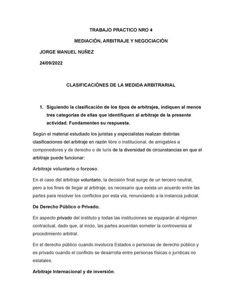 TP 4 MED ARB NEG MMMMM TRABAJO PRACTICO NRO 4 MEDIACIÓN ARBITRAJE