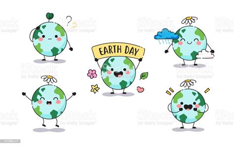 Cute Happy Earth Planet Character Set Stock Illustration Download