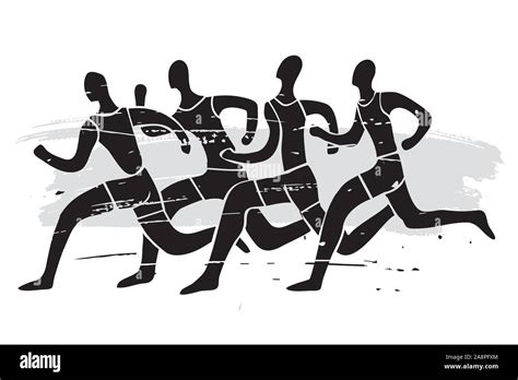 Running race, four black runners. Illustration of four running marathon ...