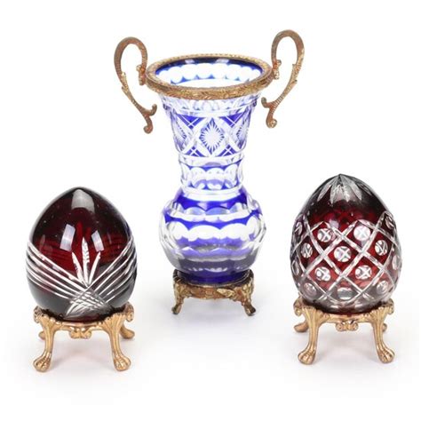 Lot Art Bohemian Glass Ruby And Cobalt Cut To Clear Bud Vase And Pair Of Eggs On Stands