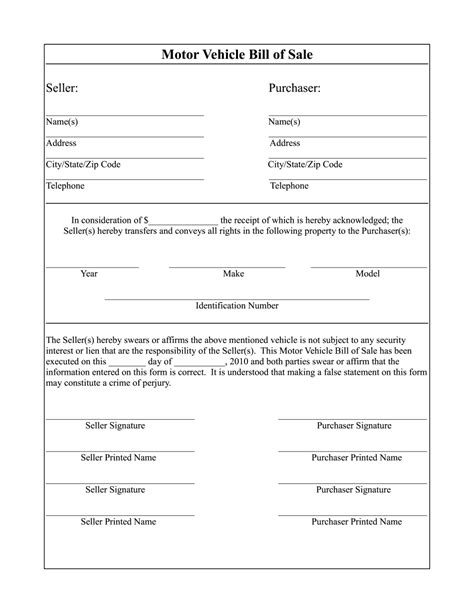 Bill Of Sale Template Printable Blank Pdf Online