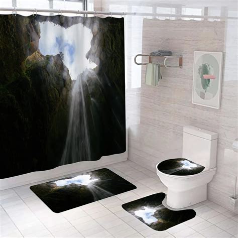 3d Waterfall Scenery Waterproof Shower Curtain Set Bathroom Landscape