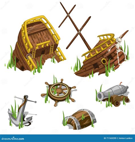 Remains Of A Pirate Ship Closeup With Skeleton Cartoon Vector