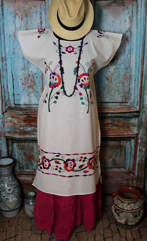 Ml Huipil Dress Multi Color Hand Embroidered Flowers Huautla Oaxaca