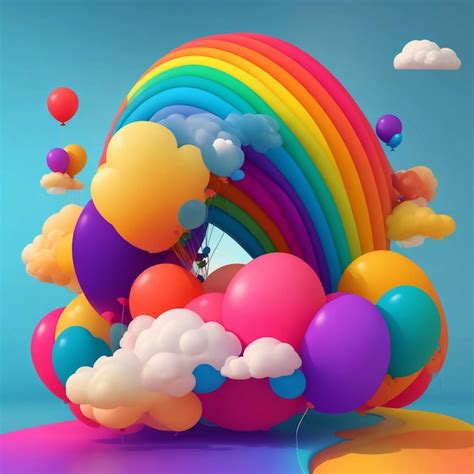 Premium Photo 3d Rainbow With Clouds And Colorful Balloons