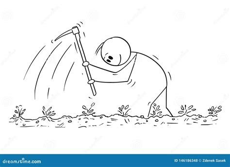 Cartoon Of Man Or Farmer Enjoying Working Hard With Hoe On The Field ...