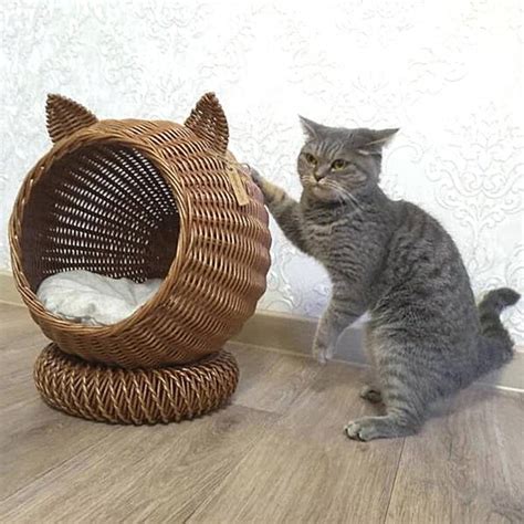 Cozy wicker cat bed Brown cat house Wicker cat basket Bed wi - Inspire ...