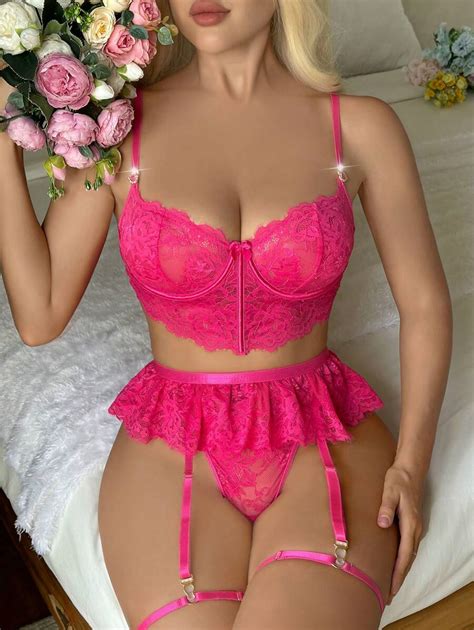 Floral Lace Underwire Garter Lingerie Set Shein Usa