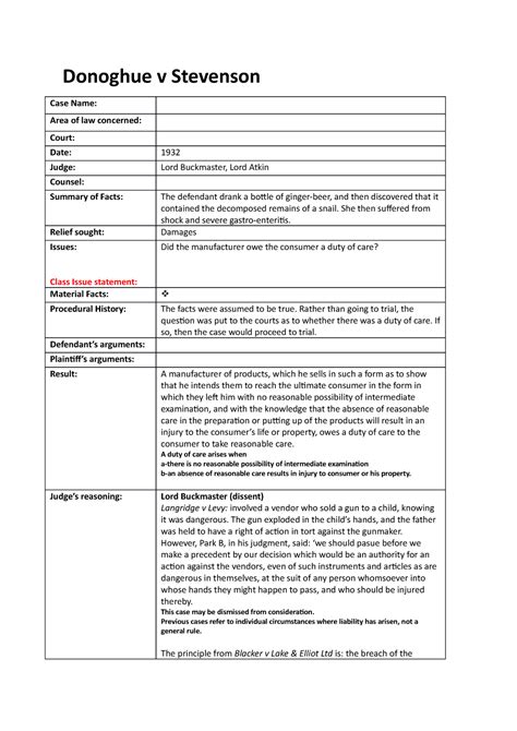 Donoghue V Stevenson Detailed Case Brief Torts Negligence Donoghue