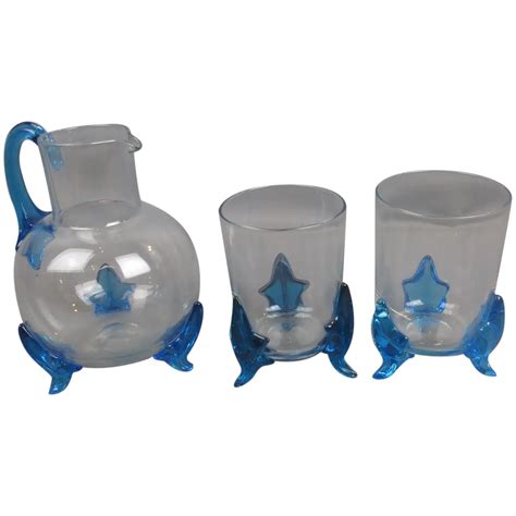 Small Blue And Clear Glass Lemonade Jug And Glasses Antique Victorian