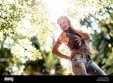 Beautiful Smiling Blonde Hippie In Nature Stock Photo Alamy
