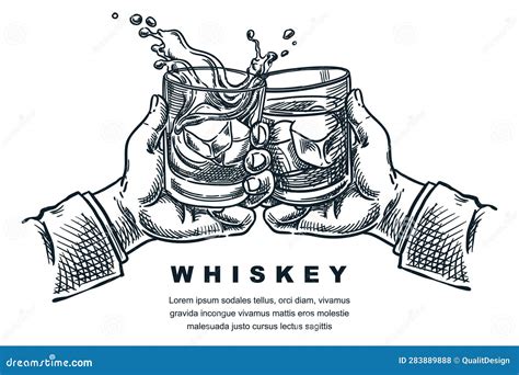 Hands Cheers Toast With Whiskey Or Bourbon Glasses Vector Hand Drawn Sketch Illustration