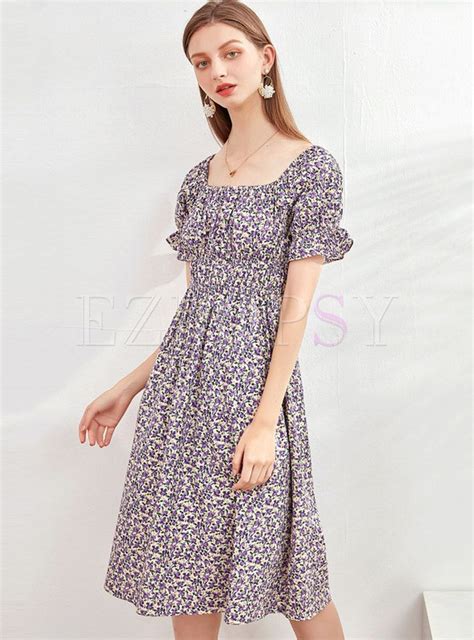 Square Neck Floral High Waisted Cotton Dress Cotton Dresses Dresses High Waisted