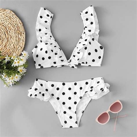 Cherry Polka Dot Print Ruffle Top With Low Rise Bottom Bikini