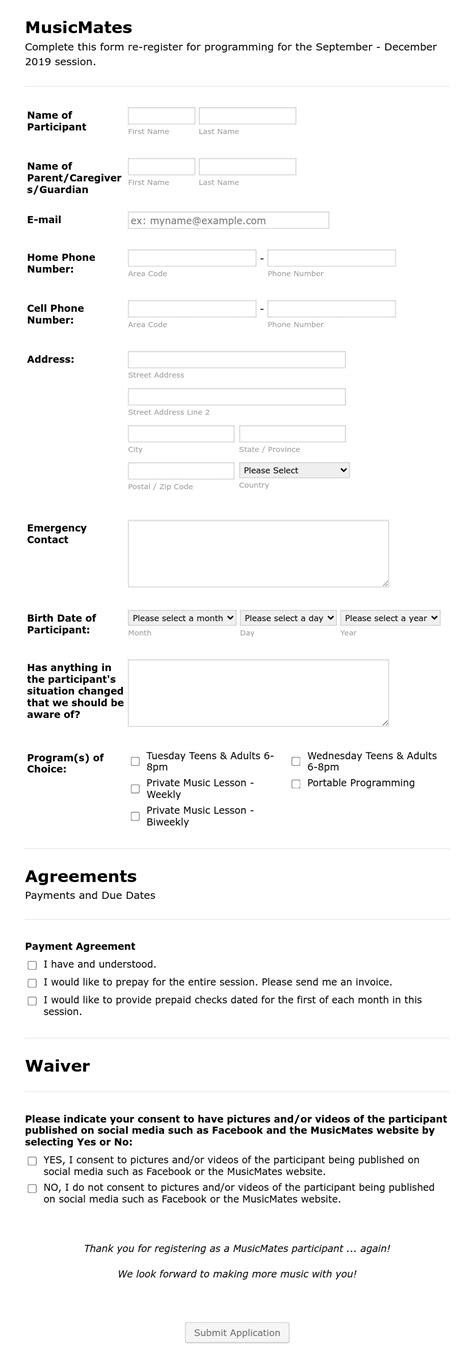 Musicmates Returning Participant Registration Form Se Form Template Jotform