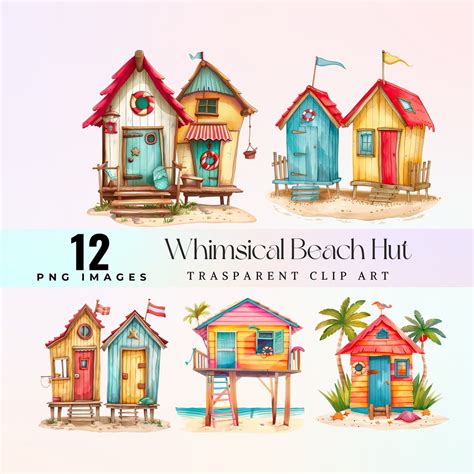 Whimsical Beach Hut Clip Art Watercolor Quirky Beach Shack
