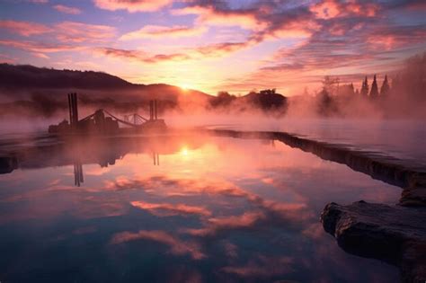 Premium AI Image Steamy Hot Spring Reflecting The Sky At Sunrise Created With Generative Ai