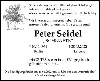 Traueranzeigen Von Peter Seidel Trauer Anzeigen De