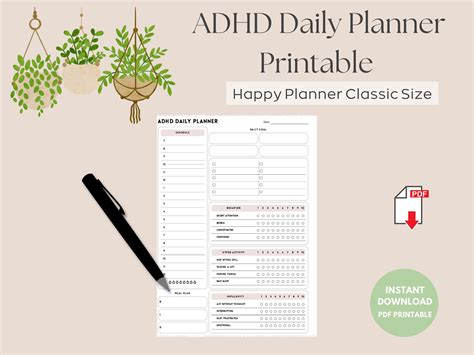 Adhd Daily Planner Printable For Happy Planner Classic Size Schedule Goals Behavior