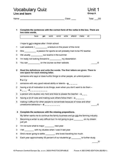 Focus 4 2E Vocabulary Quiz Unit1 Group A 1kol Vocabulary Quiz Unit 1