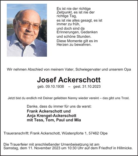 Traueranzeigen Von Josef Ackerschott Trauer In Nrw De