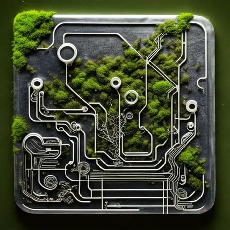 White Gold Circuit Board With Moss And Roots Growing