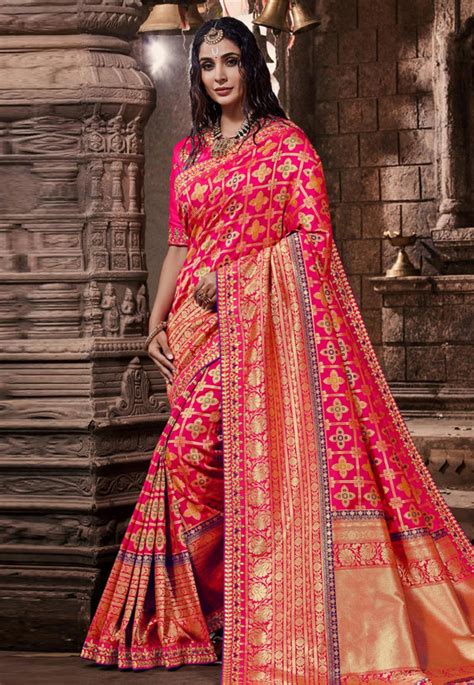 Pink Banarasi Silk Saree With Blouse