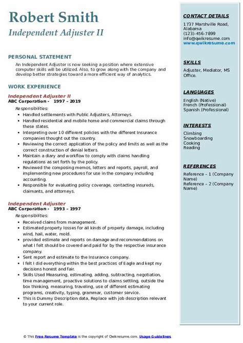 Independent Adjuster Resume Samples Qwikresume