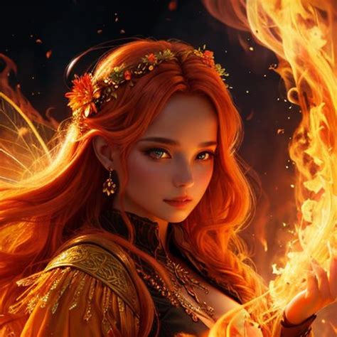 Fairy Goddess Warm Colors Fiery Background Closeup