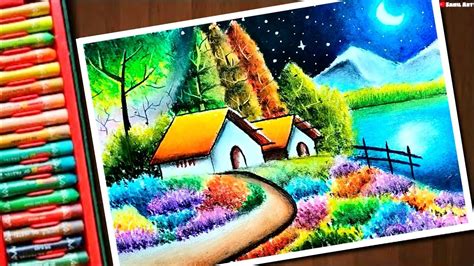 Colourful Village moonlight 🌙 scenery oil pastel drawing for beginners ...