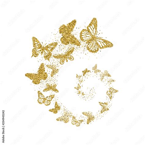 Golden Glitter Butterflies Fly In Spiral On White Background Beautiful