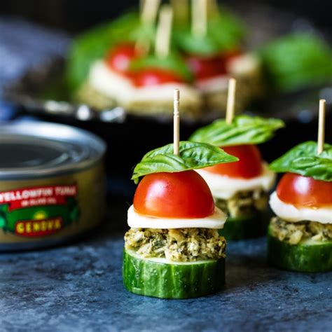 Pesto Tuna Caprese Cucumber Bites - Ambitious Kitchen