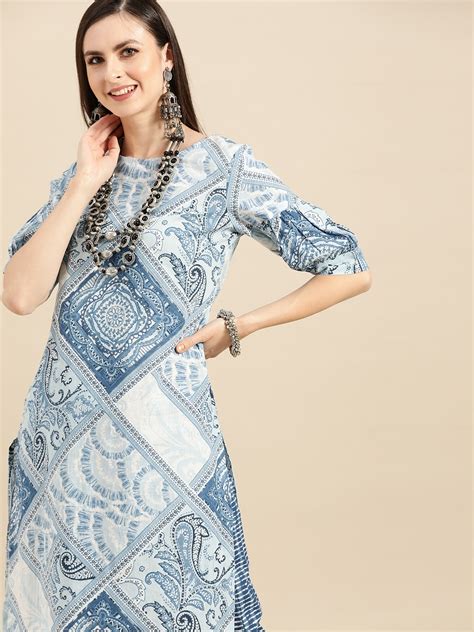 Buy Anouk Women Blue And White Pure Cotton Ethnic Printed Straight Kurta