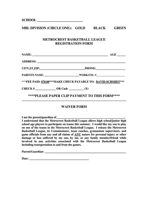 Basketball Waiver Form Template