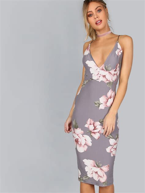 Plunge V Neckline Floral Backless Knee Length Dress Shein Sheinside