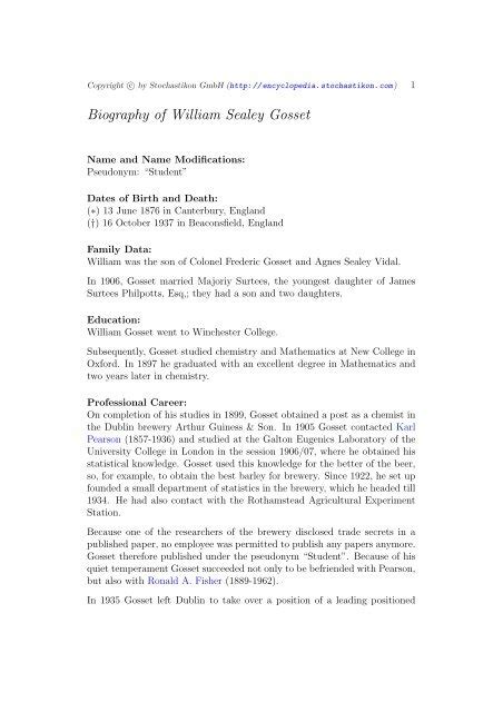 Biography of William Sealey Gosset