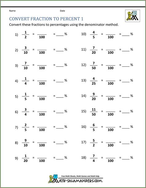 Converting Fractions To Decimals To Percentages Worksheets