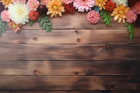 Un Fondo De Madera Con Flores Y Un Marco De Madera Foto Premium