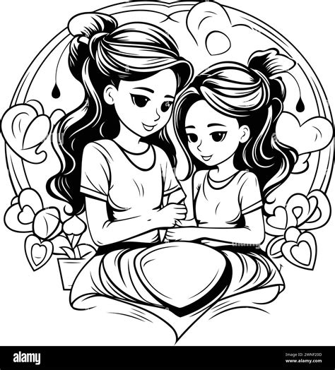 Mother And Daughter Hugging Each Other Black And White Vector