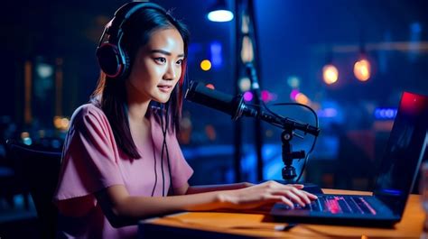 Premium Photo Woman Sitting In Front Of Microphone With Headphones On And Laptop In Front Of Her