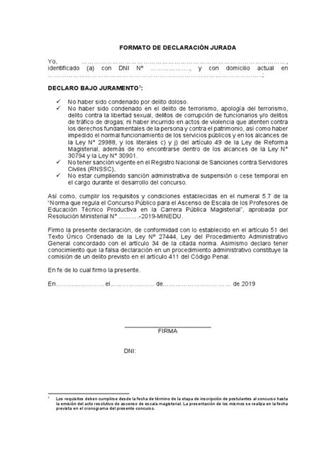 Formato De Declaración Jurada Pdf